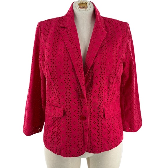 O Oscar de la Renta blazer size 16 fuchsia hot pink eyelet floral spring jacket - Picture 1 of 12